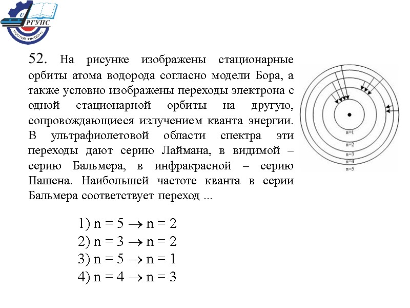 52. На рисунке изображены стационарные орбиты атома водорода согласно модели Бора, а также условно